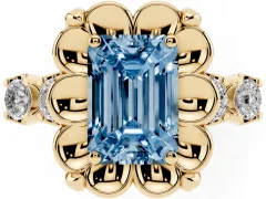 Fancy Blue Emerald Cut Diamond Floral Halo Ring Set in Yellow gold with Shared Prong Band