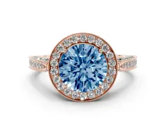 Fancy Blue Round Cut Diamond Halo Engagement Ring Set in Rose gold with Accent Split Shank Band