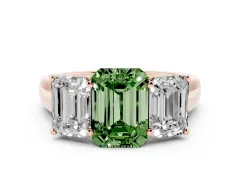 Fancy Green Emerald Cut Diamond Three-Stone Ring Set in Rose gold with Plain Polished Band