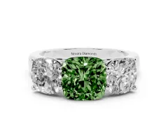 Fancy Green Cushion Cut Diamond Three-Stone Ring Set in Silver with Plain Polished Band