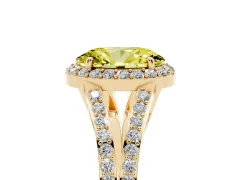 Fancy Yellow Oval Cut Diamond Halo Split Shank Pavé Ring Set in Yellow gold with Prong Setting