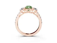 Fancy Green Pear Cut Diamond Three-Stone Ring Set in Rose gold with Round Side Stones and Delicate Pavé Band