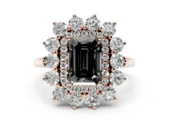 Fancy Black Emerald Cut Diamond Floral Double Halo Ring Set in Rose gold with Round Petals