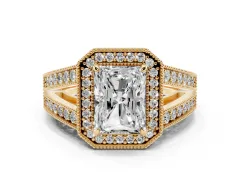 Radiant Cut Diamond Halo Ring Set in Yellow gold with Stone-Set Split Shank and Milgrain Edges