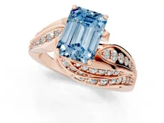 Fancy Blue Emerald Cut Diamond Solitaire Ring Set in Rose gold with Layered Twist Pavé Band