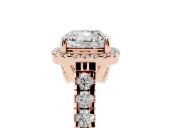 Cushion Cut Diamond Halo Engagement Ring Set in Rose gold with Pavé Band and Prong-Set Center