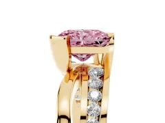 Fancy Pink Radiant Cut Diamond Solitaire Ring Set in Yellow gold with Channel Set Split Shank and Tension Prongs