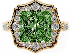 Fancy Green Princess Cut Diamond Halo Engagement Ring Set in Yellow gold with Milgrain Band and Prong Setting
