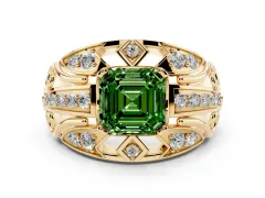 Fancy Green Asscher Cut Diamond Art Deco Ring Set in Yellow gold with Pavé Split Shank