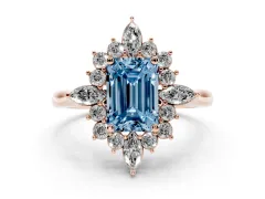 Fancy Blue Emerald Cut Diamond Cluster Halo Ring Set in Rose gold with Marquise and Round Accents