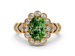 Fancy Green Oval Cut Diamond Solitaire Ring Set in Yellow gold with Milgrain Pavé Heart Band