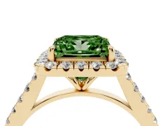 Fancy Green Princess Cut Diamond Halo Pavé Engagement Ring Set in Yellow gold with Prong Setting