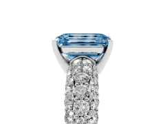 Fancy Blue Emerald Cut Diamond Pavé Band Solitaire Ring Set in Platinum with Close-Set Accent Stones and Prong Setting