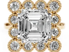 Asscher Cut Diamond Cluster Halo Ring Set in Yellow gold with Milgrain Bezel Accents and Plain Band