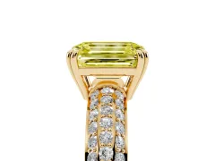 Fancy Yellow Emerald Cut Diamond Solitaire Ring Set in Yellow gold with Multi-Row Round Pavé Band and Prong Setting