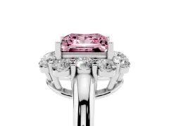 Fancy Pink Princess Cut Diamond Milgrain Halo Solitaire Ring Set in Silver with Bezel Set Side Stones and Pavé Band