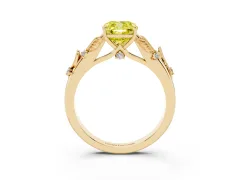 Fancy Yellow Cushion Cut Diamond Solitaire Ring Set in Yellow gold with Leaf Motif Band