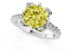 Fancy Yellow Round Cut Diamond Solitaire Ring Set in White gold with Pavé Band and Floral Prong Setting