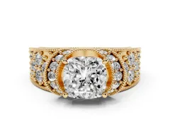 Cushion Cut Diamond Milgrain Halo Pavé Engagement Ring Set in Yellow gold with Prong Setting