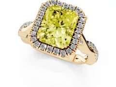 Fancy Yellow Radiant Cut Diamond Halo Twist Band Solitaire Ring Set in Yellow gold with Prong Setting