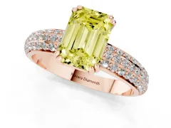 Fancy Yellow Emerald Cut Diamond Solitaire Ring Set in Rose gold with Multi-Row Round Pavé Band and Prong Setting