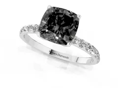 Fancy Black Cushion Cut Diamond Solitaire Engagement Ring Set in Platinum with Round Pavé Band and Prong Setting
