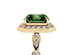 Fancy Green Asscher Cut Diamond Halo Engagement Ring Set in Yellow gold with Twisted Band and Prong Setting