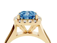 Fancy Blue Cushion Cut Diamond Halo Solitaire Engagement Ring Set in Yellow gold with Square Band and Prong Setting