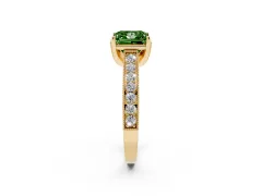 Fancy Green Princess Cut Diamond Solitaire Ring Set in Yellow gold with Milgrain-Edged Pavé Band and Prong Setting