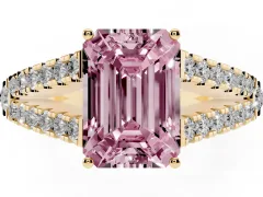 Fancy Pink Emerald Cut Diamond Split Shank Pavé Engagement Ring Set in Yellow gold with Prong-Held Center Stone