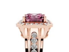 Fancy Pink Asscher Cut Diamond Halo Ring Set in Rose gold with Pavé and Bezel Accent Split Shank