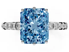 Fancy Blue Radiant Cut Diamond Solitaire Engagement Ring Set in Platinum with Pavé Band and Prong Setting