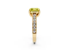 Fancy Yellow Asscher Cut Diamond Solitaire Ring Set in Yellow gold with Milgrain-Edged Pavé Band and Prong Setting