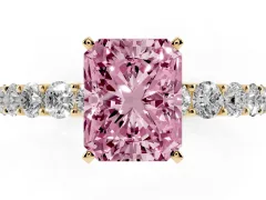 Fancy Pink Radiant Cut Diamond Solitaire Ring Set in Yellow gold with Shared Prong Pavé Band