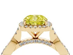 Fancy Yellow Cushion Cut Diamond Halo Twist Band Solitaire Ring Set in Yellow gold with Prong Setting