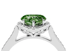 Fancy Green Heart Cut Diamond Halo Ring Set in White gold with Pavé-Lined Shoulders and Prong Setting