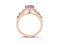 Fancy Pink Heart Cut Diamond Solitaire Ring Set in Rose gold with Leaf Motif Band