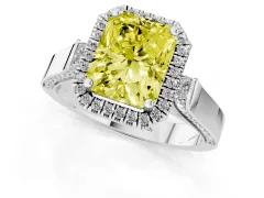 Fancy Yellow Radiant Cut Diamond Halo Ring Set in Platinum with Pavé-Lined Split Shank Band