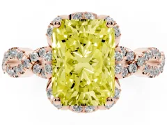 Fancy Yellow Radiant Cut Diamond Halo Twist Band Solitaire Ring Set in Rose gold with Prong-Set Center Stone