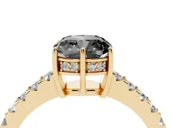 Fancy Black Cushion Cut Diamond Solitaire Engagement Ring Set in Yellow gold with Pavé Band and Prong Setting