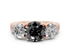 Fancy Black Round Cut Diamond Three-Stone Engagement Ring Set in Rose gold with Milgrain Pavé Band