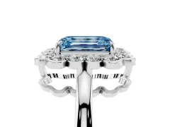 Fancy Blue Emerald Cut Diamond Halo Cluster Engagement Ring Set in Platinum with Solitaire Band and Prong Setting