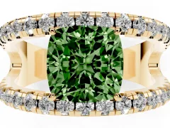 Fancy Green Cushion Cut Diamond Split Shank Pavé Solitaire Ring Set in Yellow gold with Open Shank Design