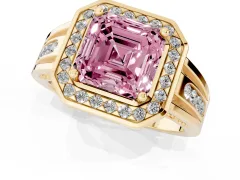 Fancy Pink Asscher Cut Diamond Halo Ring Set in Yellow gold with Pavé and Bezel Accent Split Shank