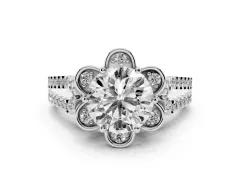 Round Cut Diamond Floral Halo Split Shank Engagement Ring Set in White gold with Pavé Shank