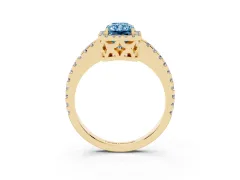 Fancy Blue Radiant Cut Diamond Halo Ring Set in Yellow gold with Pavé Shoulders and Halo-Framed Center