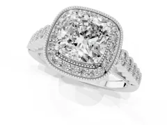 Cushion Cut Diamond Milgrain Halo Solitaire Ring Set in Silver with Bezel Set Side Stones and Pavé Band