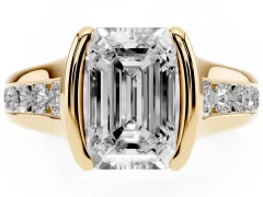 Emerald Cut Diamond Bezel-Set Solitaire Ring Set in Yellow gold with Channel-Set Band