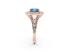 Fancy Blue Radiant Cut Diamond Double Halo Ring Set in Rose gold with Pavé Split Shank and Prong Setting