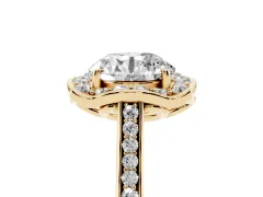 Round Cut Diamond Halo Ring Set in Yellow gold with Pavé-Lined Shoulders and Prong Setting